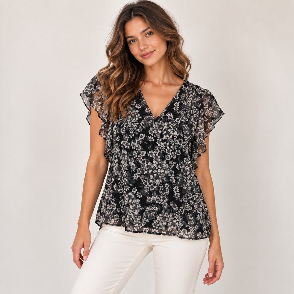 White House Black Market Blouse Women's Size XS Honey Floral Flutter Sleeve